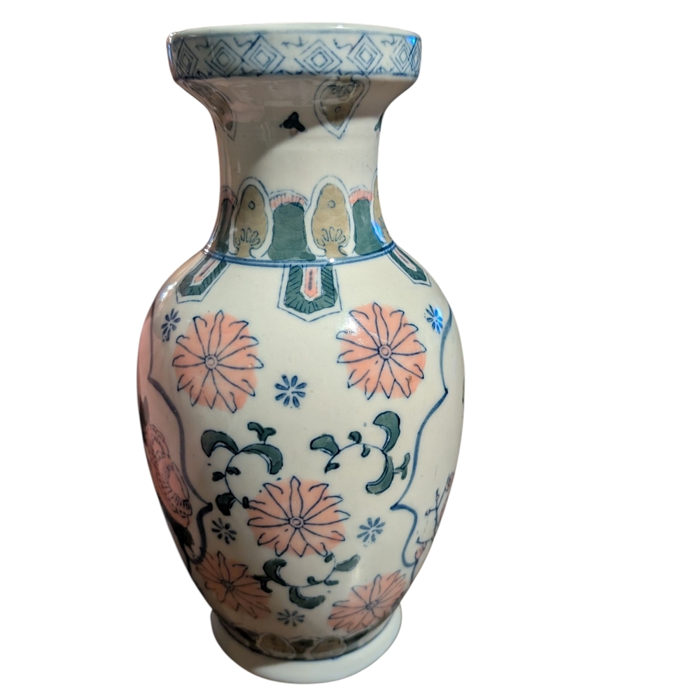 Vintage 1980 Floral Chinese Porcelain Vase with Blue and Pink Accents